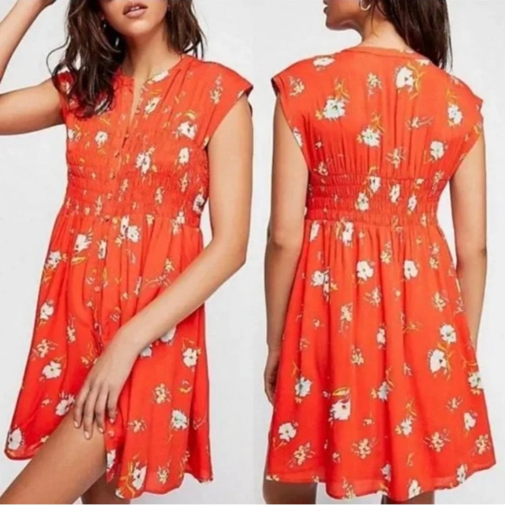 Free People | Greatest Day Smocked Ditzy Floral Red Mini Dress Large OB778536